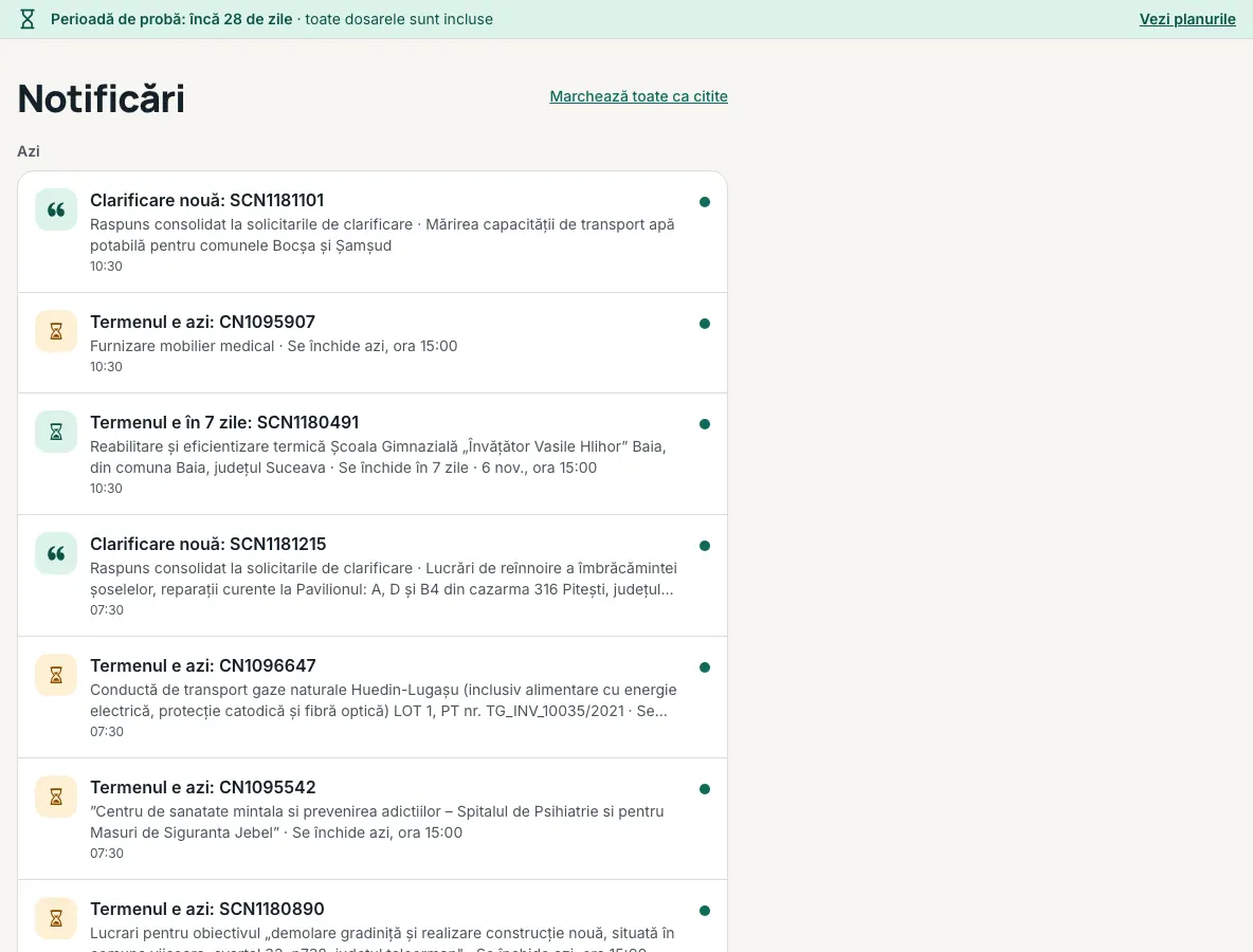 Pagina „Notificări” a firmei, cu notificările grupate pe „Azi” și „Mai devreme”.