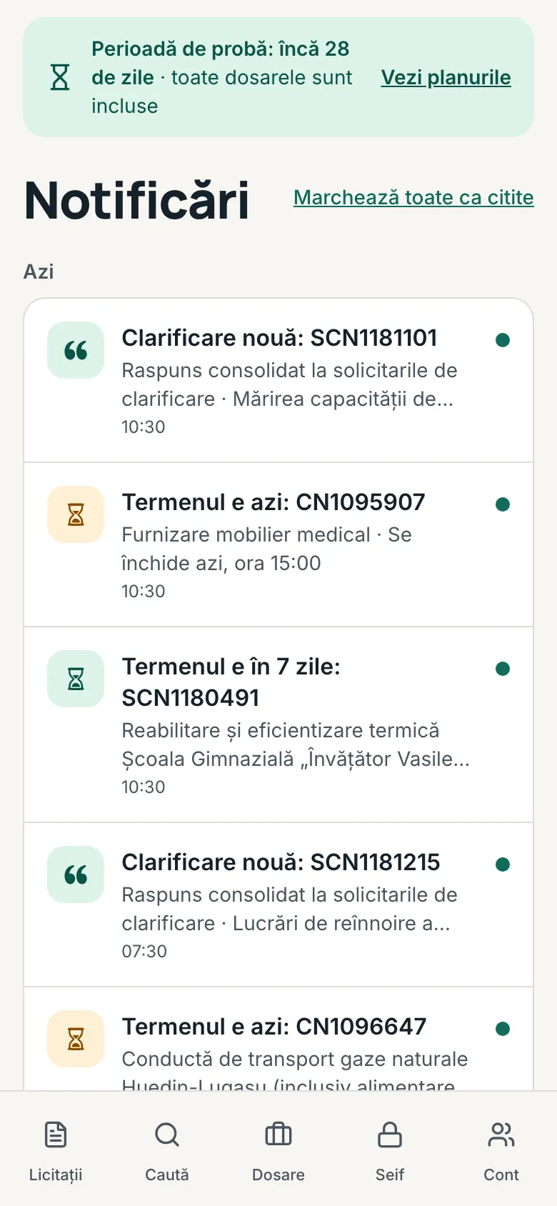 Pagina „Notificări” a firmei, cu notificările grupate pe „Azi” și „Mai devreme”.