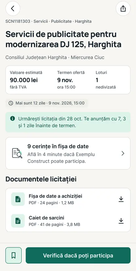 Pagina unei licitații în aplicație