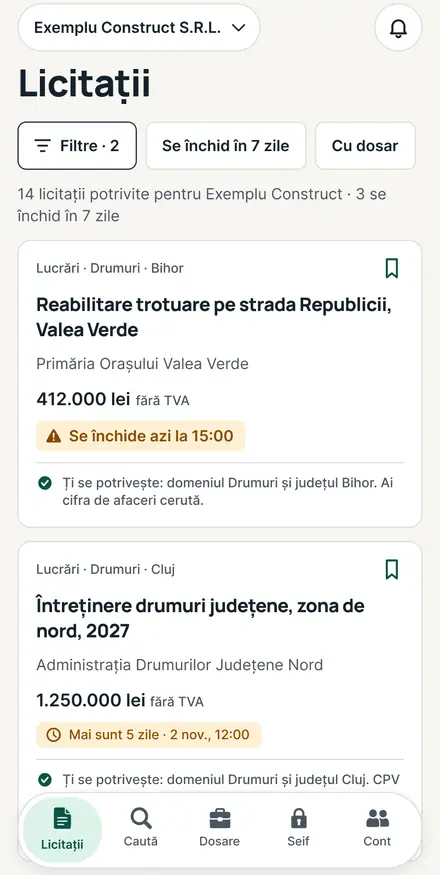 Licitațiile potrivite firmei